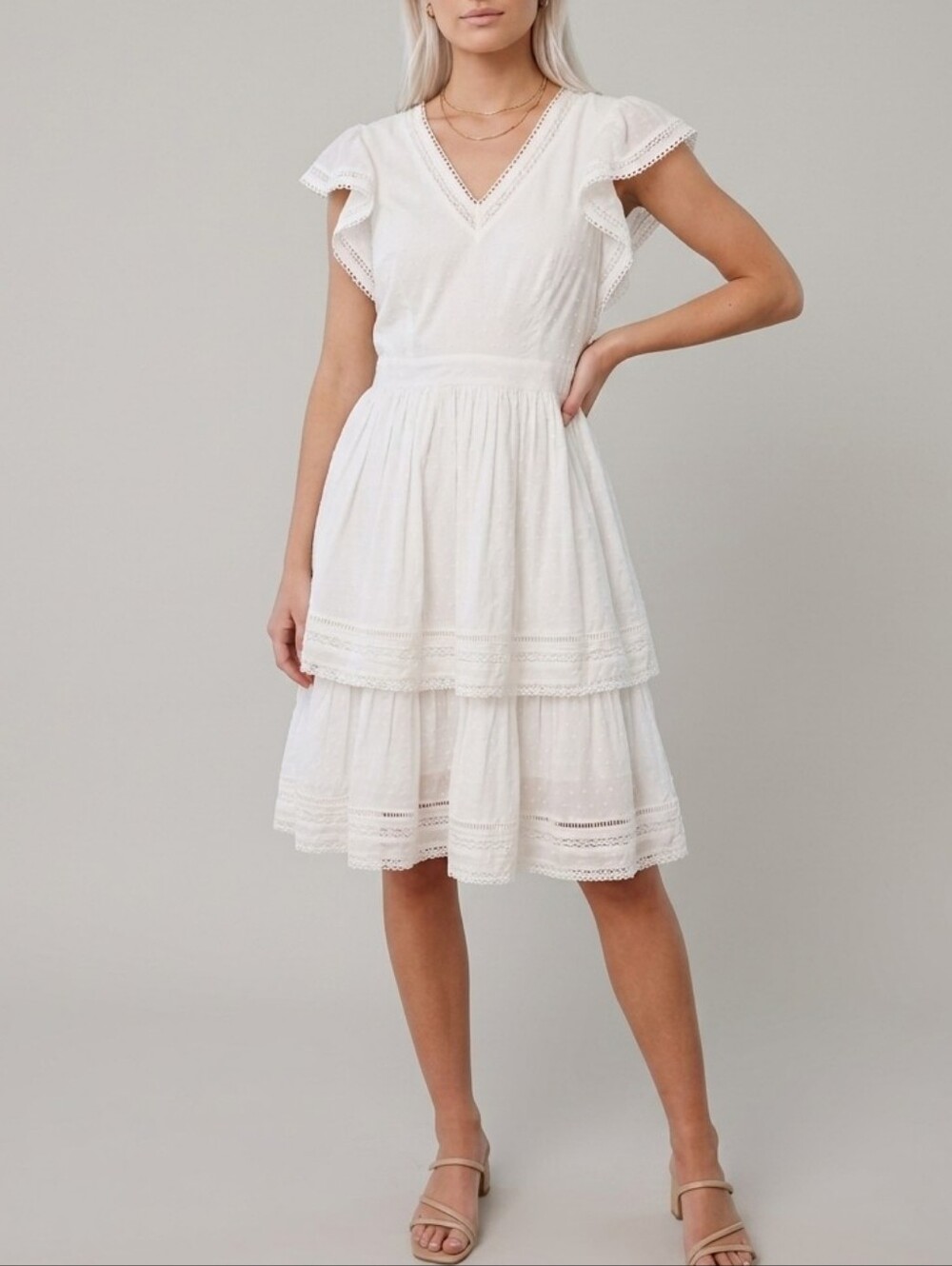 Rachel Parcell White Cotton Flutter Sleeve Tiered Dress Size 8 Milkmaid Coquette